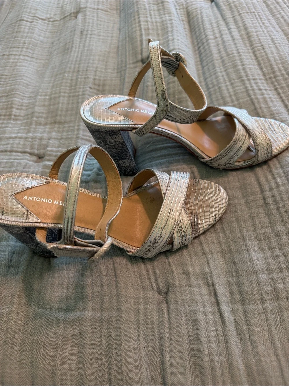 ANTONIO MELANI Iridescent Silver-Strap Block Heel Sandals